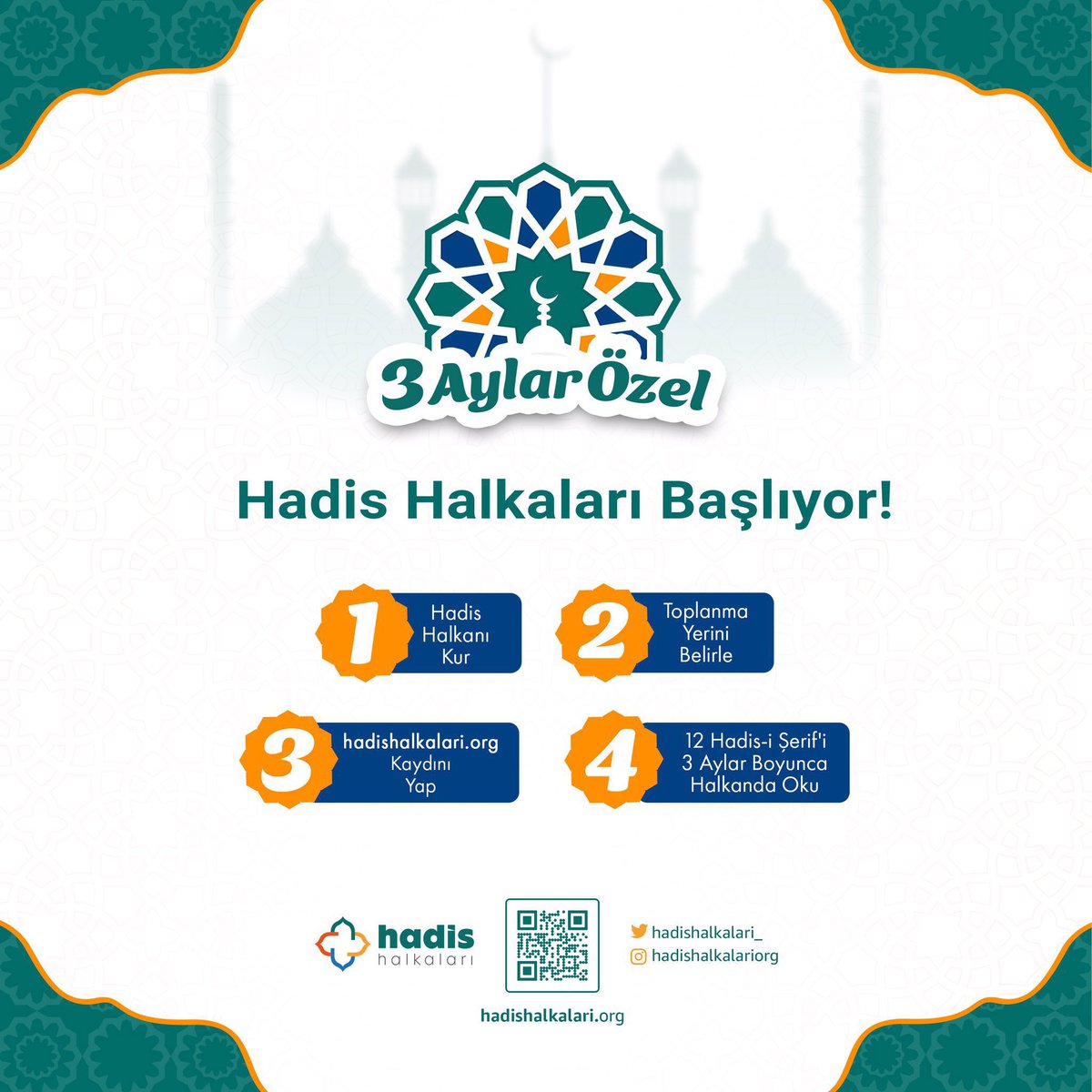 YediHilal's tweet photo. 📌20'den fazla sivil toplum kuruluşumuzun gençlik yapılanmasının koordinasyonunda yürüttüğümüz *Hadis Halkaları projemiz* mübarek üç aylarda tekrar başlıyor.

"İçinizden Allah’ın lutfuna ve âhiret gününe umut bağlayanlar, Allah’ı çokça ananlar için hiç şüphe yok ki, Resûlullah’ta güzel bir örneklik vardır." Ahzâb 21
#HadisHalkaları