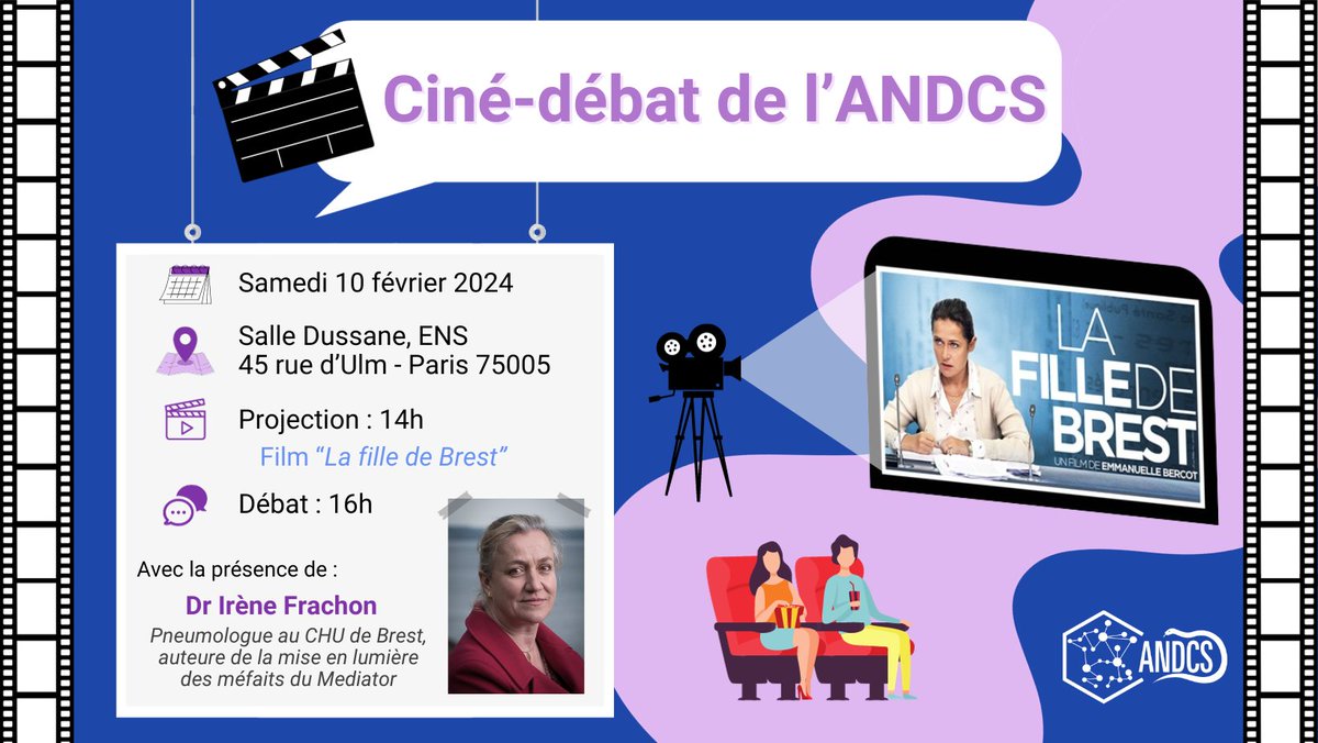 ANDCS_asso's tweet photo. [Ciné-Débat]

🎬 Nous avons le plaisir de vous convier à notre ciné-débat le samedi 10 février 2024, au 45 rue d’Ulm – Paris 5ème.

Au programme :
- 14h : projection du film « La fille de Brest »
- 16h : discussion avec la Dr Irène Frachon

Billetterie 👇
https://t.co/hkaoyUz0ER https://t.co/WfTxmN1UJC