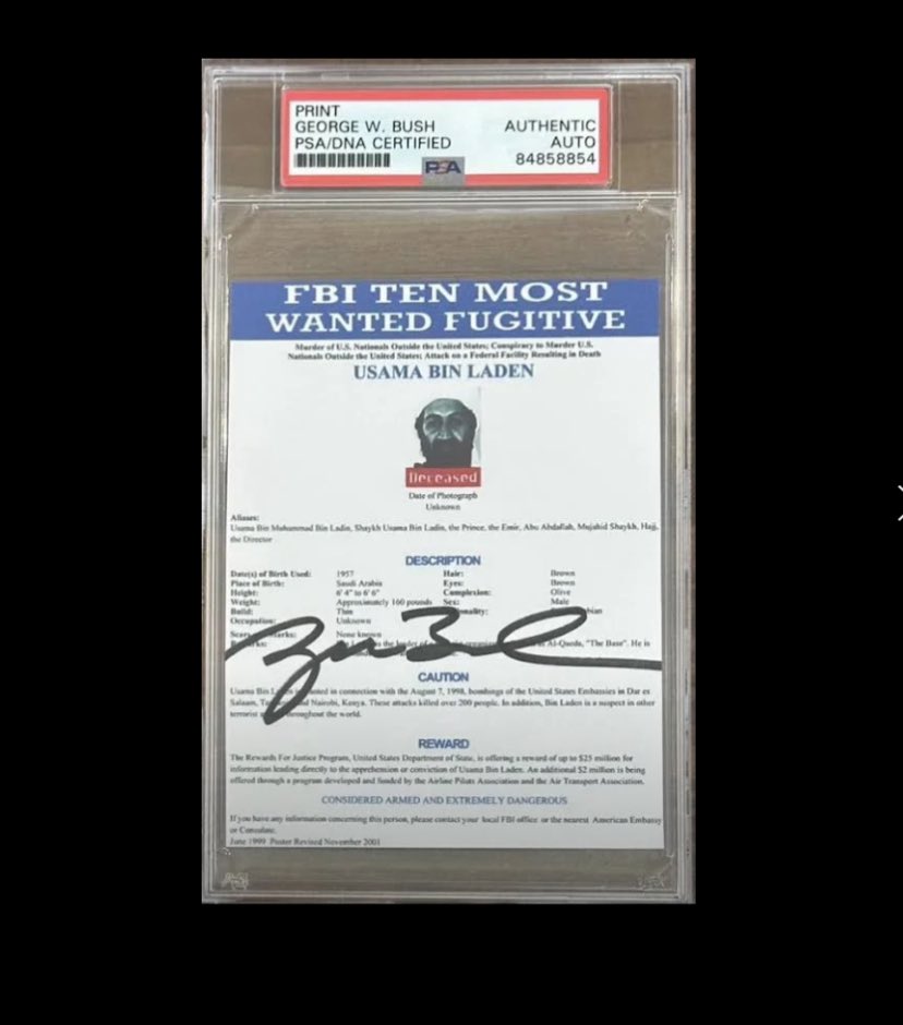 PoliticTreasure's tweet photo. George W. Bush autographed FBI Most Wanted, Usama Bin Laden . PSA graded . 

FS - FT , DM if interested. 
.
#collectibles #georgewbush #usamabinladen  #twintowers  #newyork  #politicaltreasures #memorabilia #texas #fbimostwanted #militaryhistory #presidentbush #donaldtrump https://t.co/a9yvYaYkrB