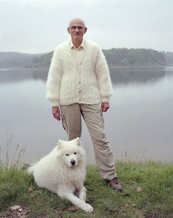 dearvotion's tweet photo. obsessed with these portraits of dog owners wearing clothes made from their pet’s fur https://t.co/p4ylBRxkBQ