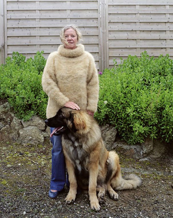 dearvotion's tweet photo. obsessed with these portraits of dog owners wearing clothes made from their pet’s fur https://t.co/p4ylBRxkBQ