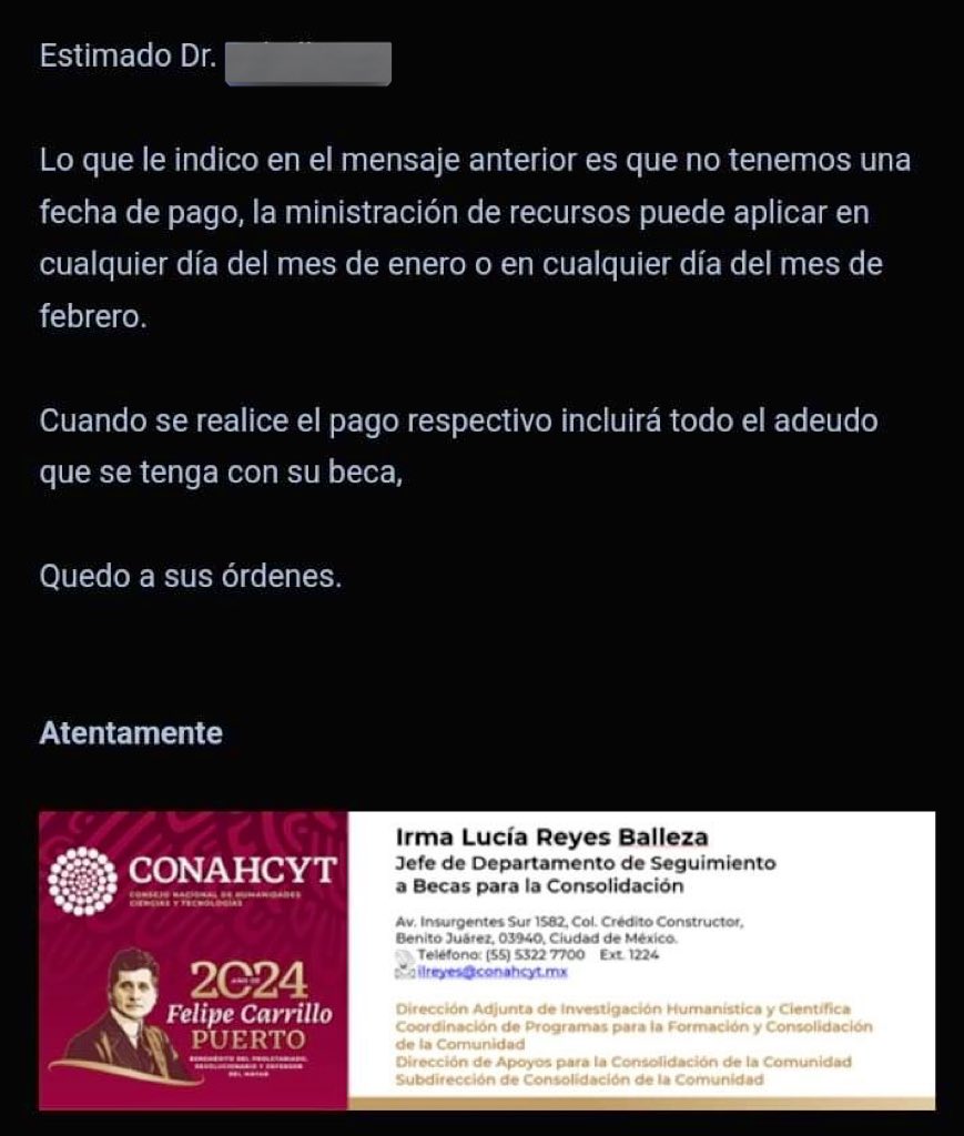 karwinskii's tweet photo. Es 11 de enero y no ha llegado el pago de la beca #posdoctoral. Sin aviso de retraso para poder anticiparse. Hasta cuándo tenemos que tolerar esta situación. Tenemos rentas y cuentas que pagar. @Conahcyt_Mex @lopezobrador_ @ElenaBuylla https://t.co/CMclbpgHc8