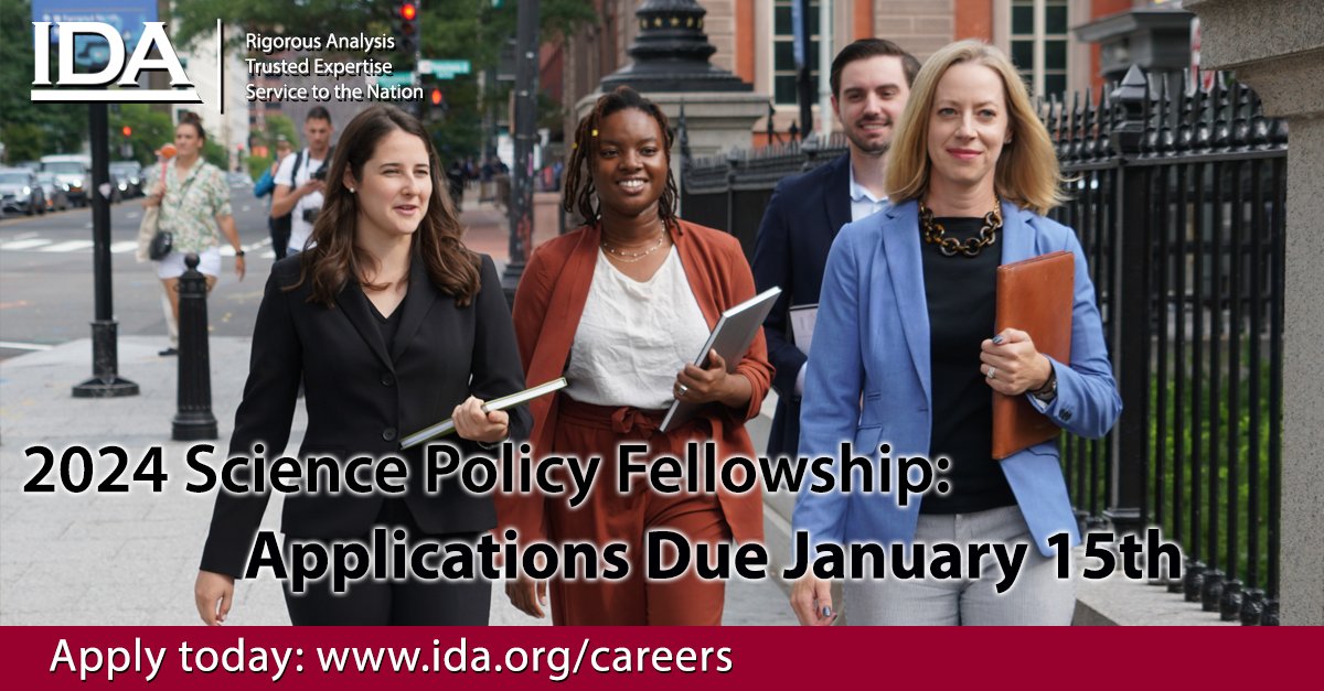 IDA_org's tweet image. Last chance! Applications for the 2024 Science Policy Fellowship are due Monday, January 15. Recent graduates, don’t miss this opportunity to build analytical skill with real-world applications: idalink.org/Sci-Pol-Fellow… #SciencePolicy #TechnologyPolicy #Fellowship