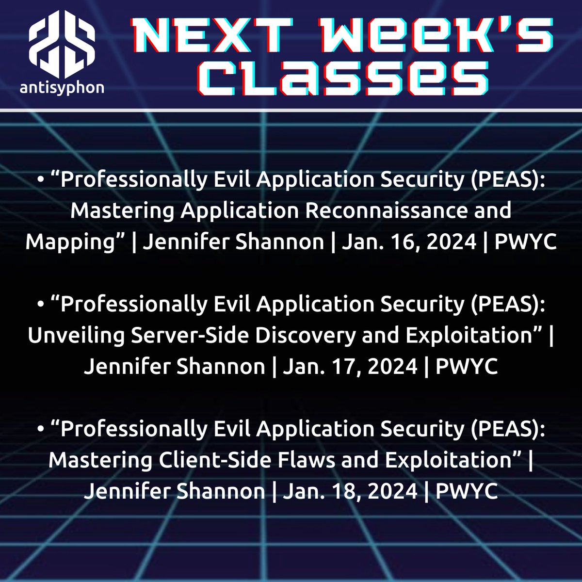 Next week's Pay-What-You-Can (PWYC) classes with <a href="/Jencrypti0n/">Jennifer Shannon</a> ! We hope to see you in class! antisyphontraining.com/training-calen…