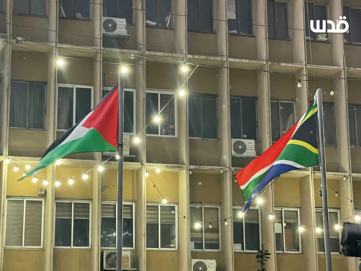 SprinterPress's tweet photo. Raising the South African flag in front of the Nablus Municipality; In support and appreciation for the efforts of South Africa in its prosecution of the Israel within the International Court of Justice, due to the war against the Gaza Strip. https://t.co/FnUQYRZ8q4