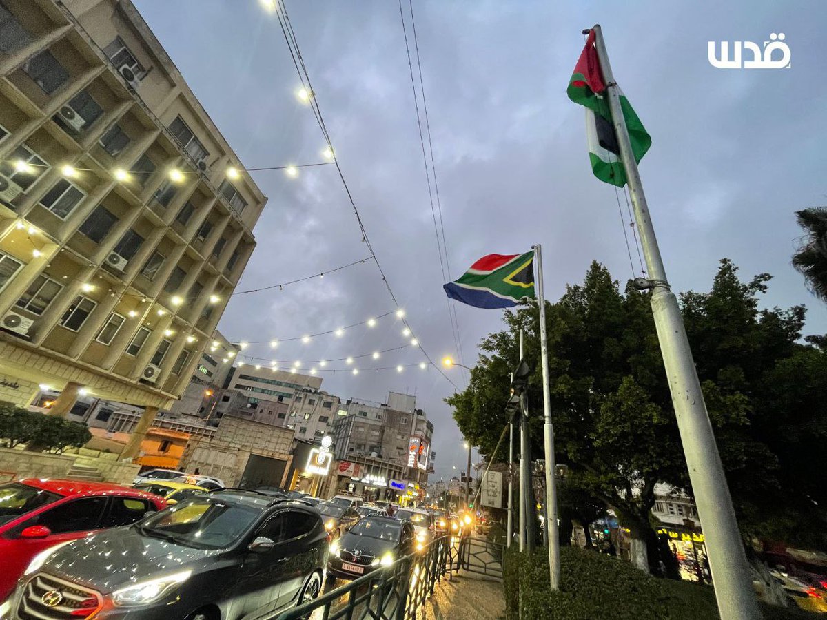 SprinterPress's tweet photo. Raising the South African flag in front of the Nablus Municipality; In support and appreciation for the efforts of South Africa in its prosecution of the Israel within the International Court of Justice, due to the war against the Gaza Strip. https://t.co/FnUQYRZ8q4