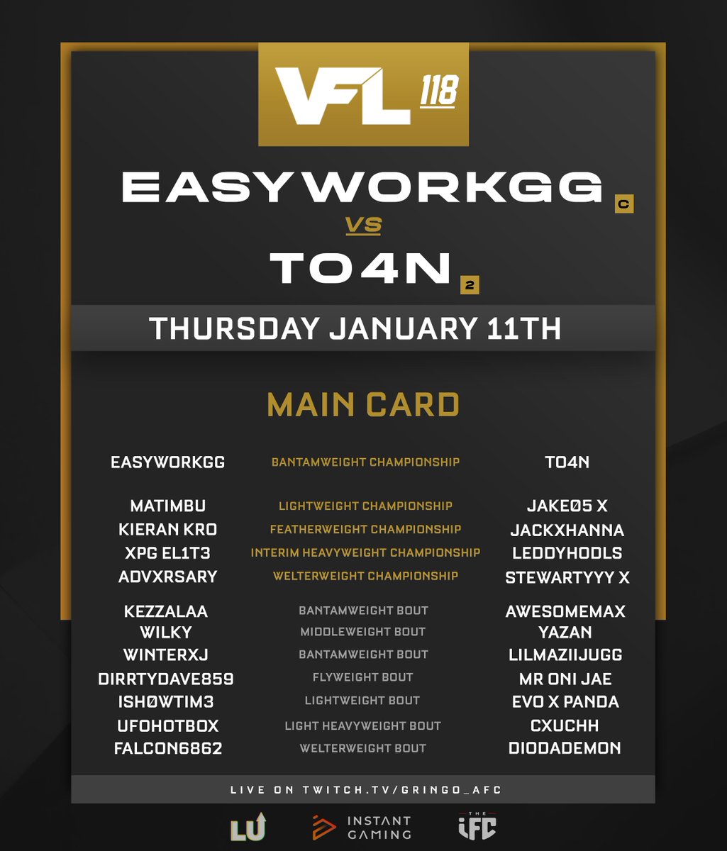 Gringo_AFC's tweet photo. VFL 118: #EASYWORKGG vs. #To4n II - The VFL Bantamweight Championship of the World π
π‘ 6:30pm GMT for the Prelim Card!
π 9:50pm GMT for the Main Card!
πΉ https://t.co/QCZvyxaeET at 6:15pm GMT! #VFL #UFC #FightNight https://t.co/2wAW12M57I