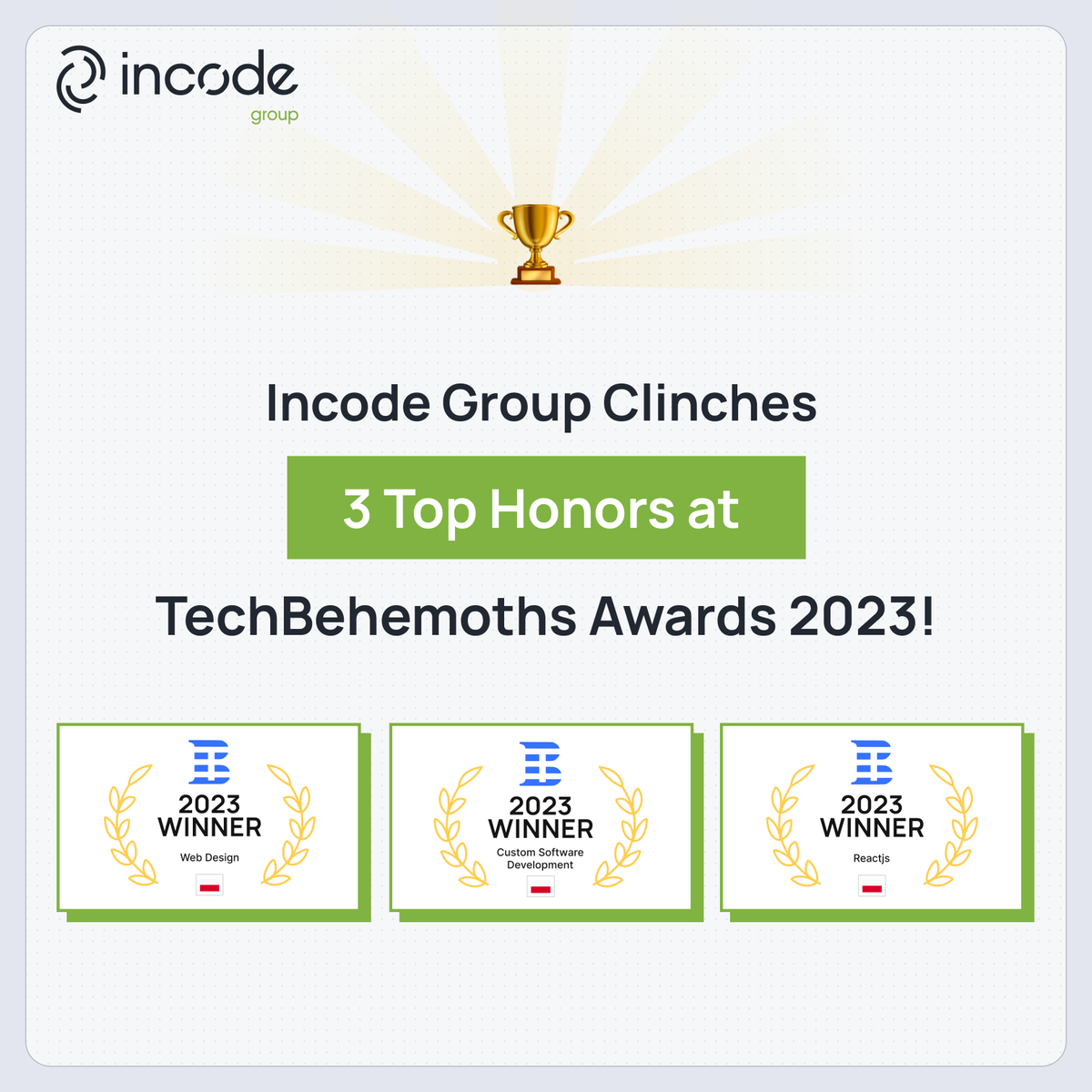 incode_group's tweet image. Incode Group Clinches 3 Top Honors at @TechBehemoths #Awards 2023! 

This three-fold #victory reinforces #IncodeGroup’s position as a powerhouse in #JavaScript #development, showcasing our proficiency in #Custom #SoftwareDevelopment, #React Development, and #WebDesign in #Poland.