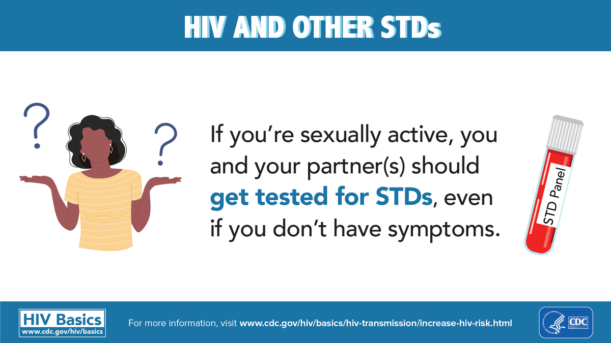 CDC_HIV's tweet photo. If you’re sexually active, you and your partners should get tested for #STDs, even if you don’t have symptoms.  

Find testing for #HIV and other STDs: https://t.co/tRxrLyOXK6 https://t.co/gWJvYTiQNm