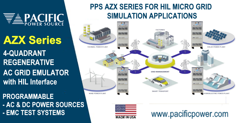 The AZX Series Hardware in the Loop Interface (PHIL) option adds high speed analog interface capability to Pacific Power Source's AZX regenerative AC, DC and AC+DC power source. Power Hardware In the Loop applications simulate micro grids and other power systems in real-time