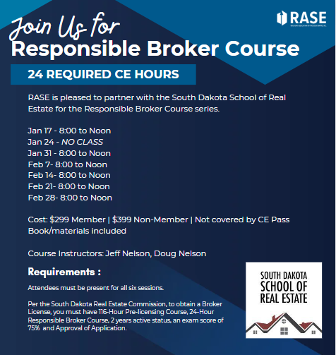RASEInc's tweet photo. RASE is excited to announce that we are partnering with the South Dakota School of Real Estate for the Responsible Broker Course Series. Special thank you to Doug and Jeff Nelson for being the instructors for the course!

Register Here: https://t.co/JW6IrqeQUB https://t.co/y0bjiApg6K