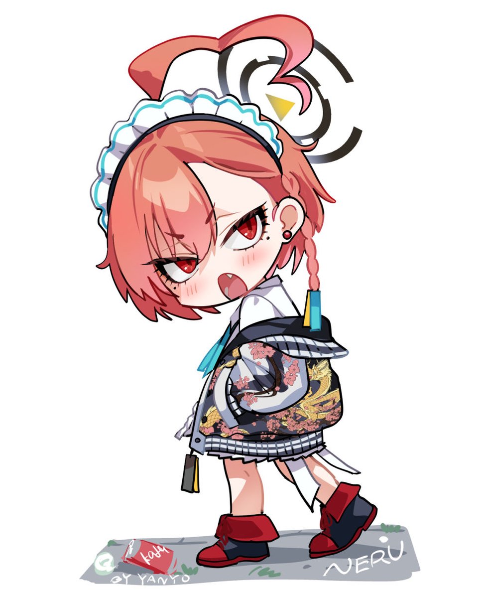 neru (blue archive) 1girl solo red eyes chibi mole under eye ahoge maid headdress  illustration images