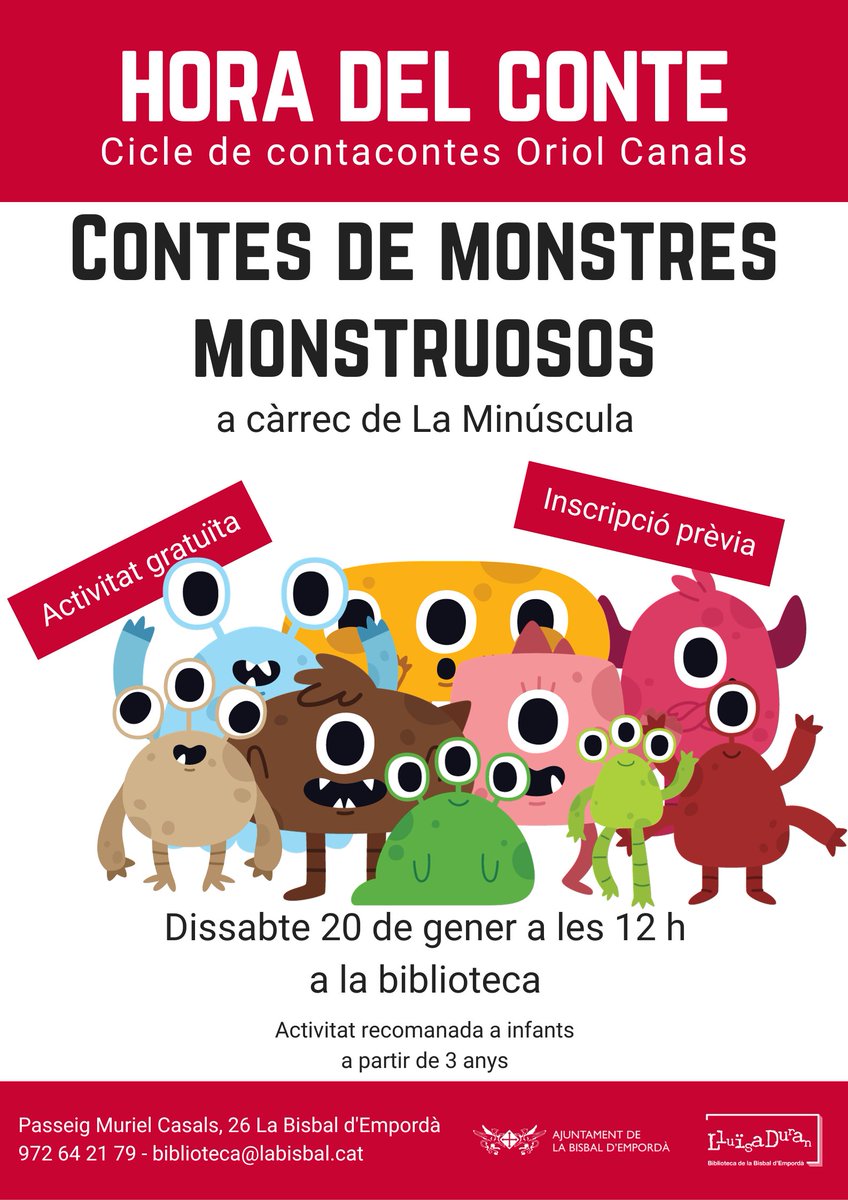 bibliobisbal's tweet photo. 📣Contes de monstres monstruosos, a càrrec de @laminuscula Entre titelles, llibres i contes coneixerem tota mena de monstres i ens ho passarem bé descobrint les seves peripècies
🗓️20/1
🕖12h
📍 #biblioteca de @labisbalemporda 

✍️INSCRIPCIONS
📞972642179
📩biblioteca@labisbal.cat https://t.co/aX1auwmTGQ