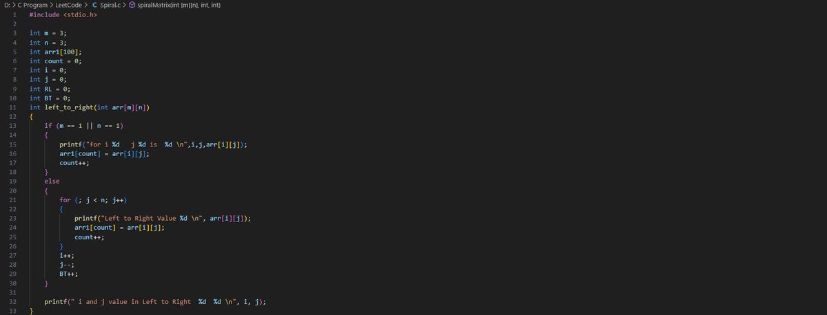#day7 of  #100DaysOfCode challenge  Today, I solved spiral matrix  in the C language.