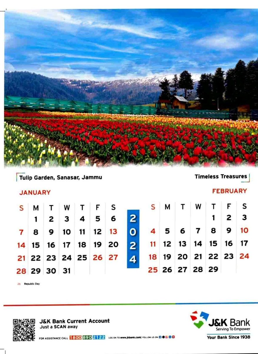 #Great_Full_Feelings One Can't Ignore First January emerges as a month brimming with possibilities and new beginnings and so is the #Sanasar. #Tulips of Sanasar on first page #January2024 of @JandKBank Calendar. Proud movement for @JammuTourism & @PatnitopDA. Time to Cheers.