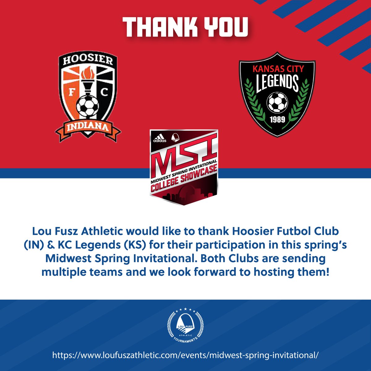 A Midwest Spring Invitational #ThankYouThursday ⚽

Thank you to Hoosier FC and KC Legends for their participation in this spring's Midwest Spring Invitational, held in St. Louis, Missouri! 

#fusztournaments #midwestspringinvitational