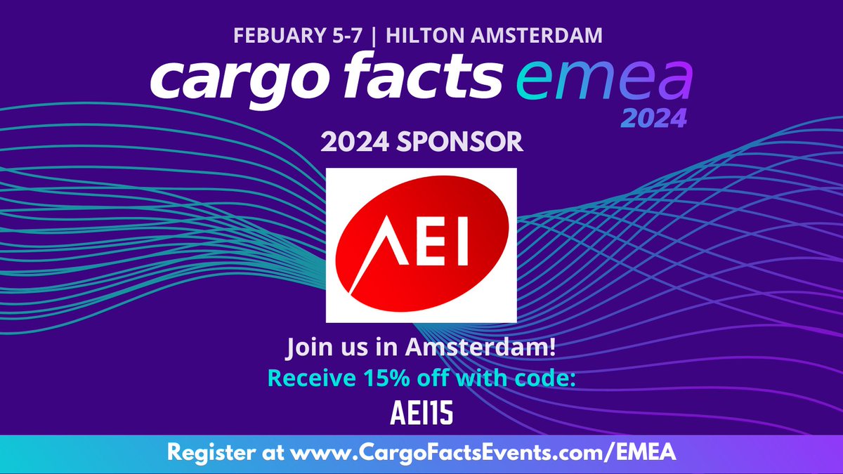 AEI_Conversions's tweet photo. AEI is a proud sponsor of this year's Cargo Facts EMEA conference. Please join us and use the code below to receive a 15% discount on your registration. See you in Amsterdam! https://t.co/6CPSEnJayE
