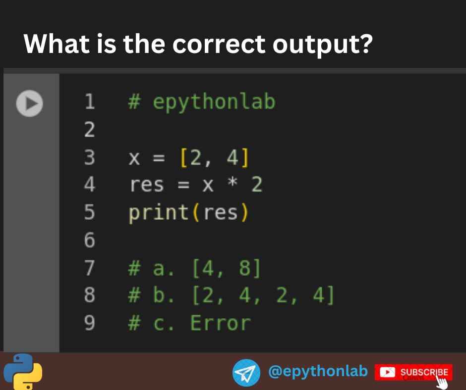 epythonlab1's tweet image. 🍾 QUIZ: What is the output?
👉More Tips and Tricks: bit.ly/Pythontoptips
👉Join Telegram t.me/epythonlab/
Learn #python with #epythonlab