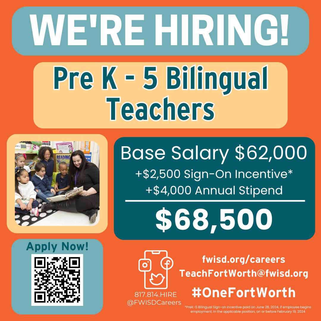 <a href="/FortWorthISD/">Fort Worth Independent School District</a> is hiring ⭐Bilingual Teachers⭐ at
Natha Howell ES (3rd Grade), Bonnie Brae ES (1st Grade), Kirkpatrick ES (3rd Grade), Carter Park ES (Kindergarten), Harlean Beal ES (Pre-K and 4th grade), Carroll Peak ES (Kindergarten), and John T. White ES (3rd Grade).