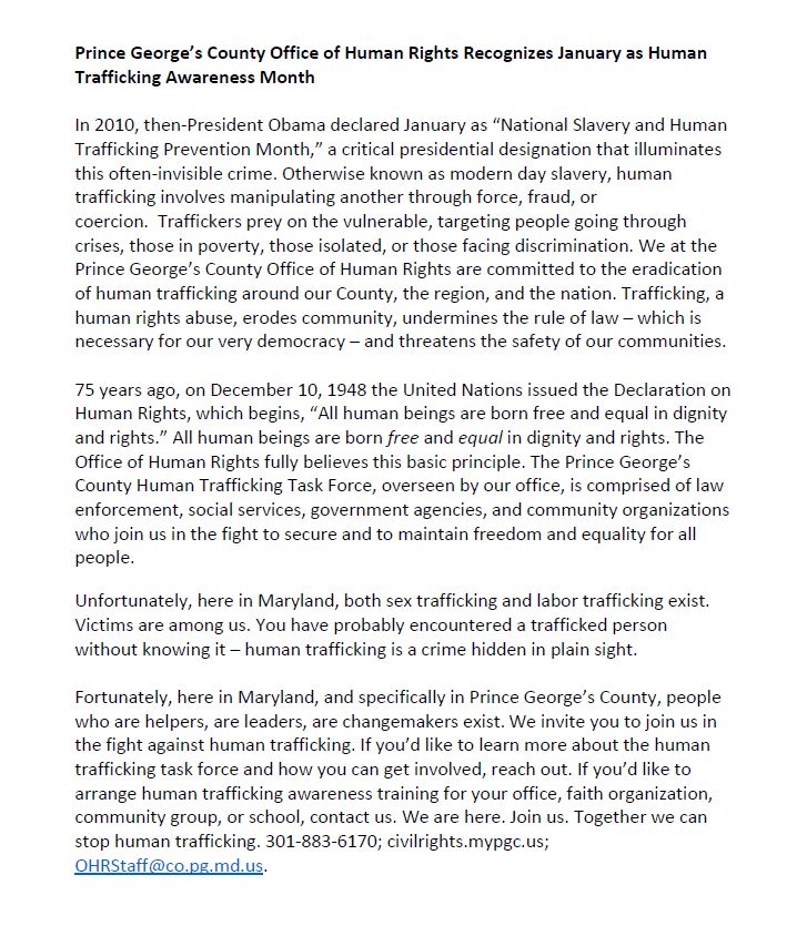 PGCOHR's tweet photo. Prince George’s County Office of Human Rights Recognizes January as Human Trafficking Awareness Month! https://t.co/sRsu2bhxS2