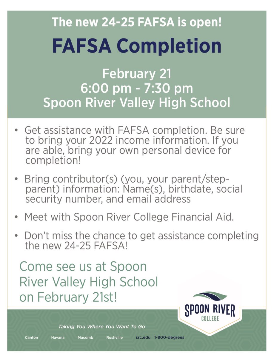 MsJohnson2021's tweet photo. FAFSA Night has been rescheduled to February 21st @ 6pm 

SRC will be here to help fill out the new FAFSA application no matter where you are planning to go to school. 

Please have your student bring their chromebook or other device to fill it out.

#4teamvalley https://t.co/lhKIudikTy