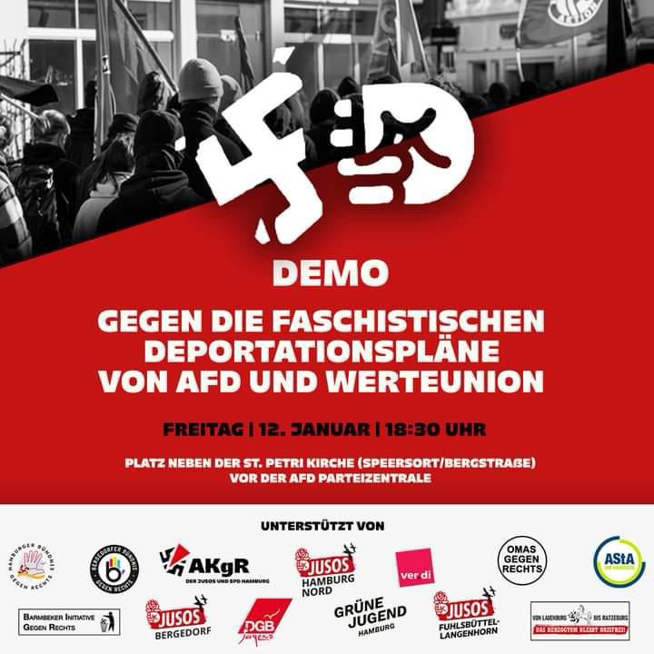 Kommt morgen #hh1201 ab 18:30 Uhr alle zur Kundgebung gegen die Pläne der #FckAfD und #FckWerteunion. Seid laut und viele✊🏼✊🏼✊🏼   #NoNazishh #NoAfD #Hamburg