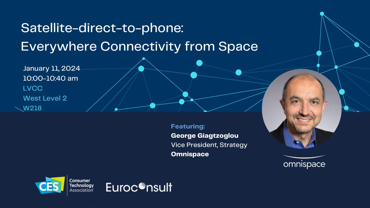 omnispace's tweet photo. At #CES24 today? Starting in 15 min, come join our VP of Strategy to hear what we're doing to help advance direct-to-device satellite connectivity!
LVCC, West Level 2 - W218. #D2D #globalmobile #satcomms https://t.co/HKZHVXTELZ