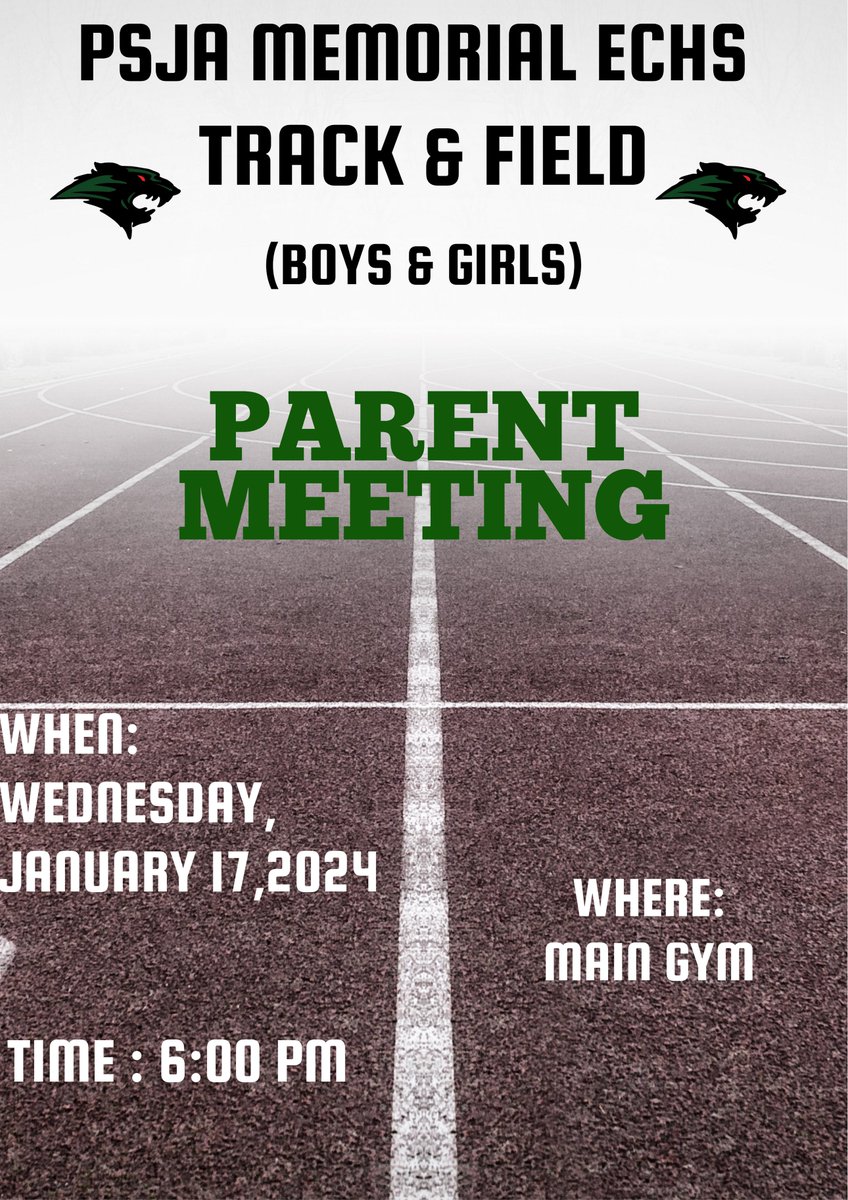 PSJAMemorial's tweet photo. Track and Field Parents:

There will be a parent meeting Wednesday, Jan. 17 at 6PM in the main gym. https://t.co/UPJHYVHDBX