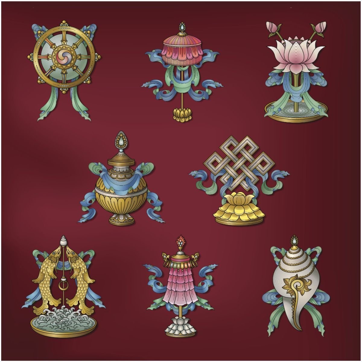 enlightened108's tweet photo. The Eight Auspicious Sign of Buddhism ☸️ ~ The Wheel of Law, A conch shell, A victory banner, An umbrella, A lotus flower, A vase, A pair of fish, and An endless knot. https://t.co/DtblH8WMw2