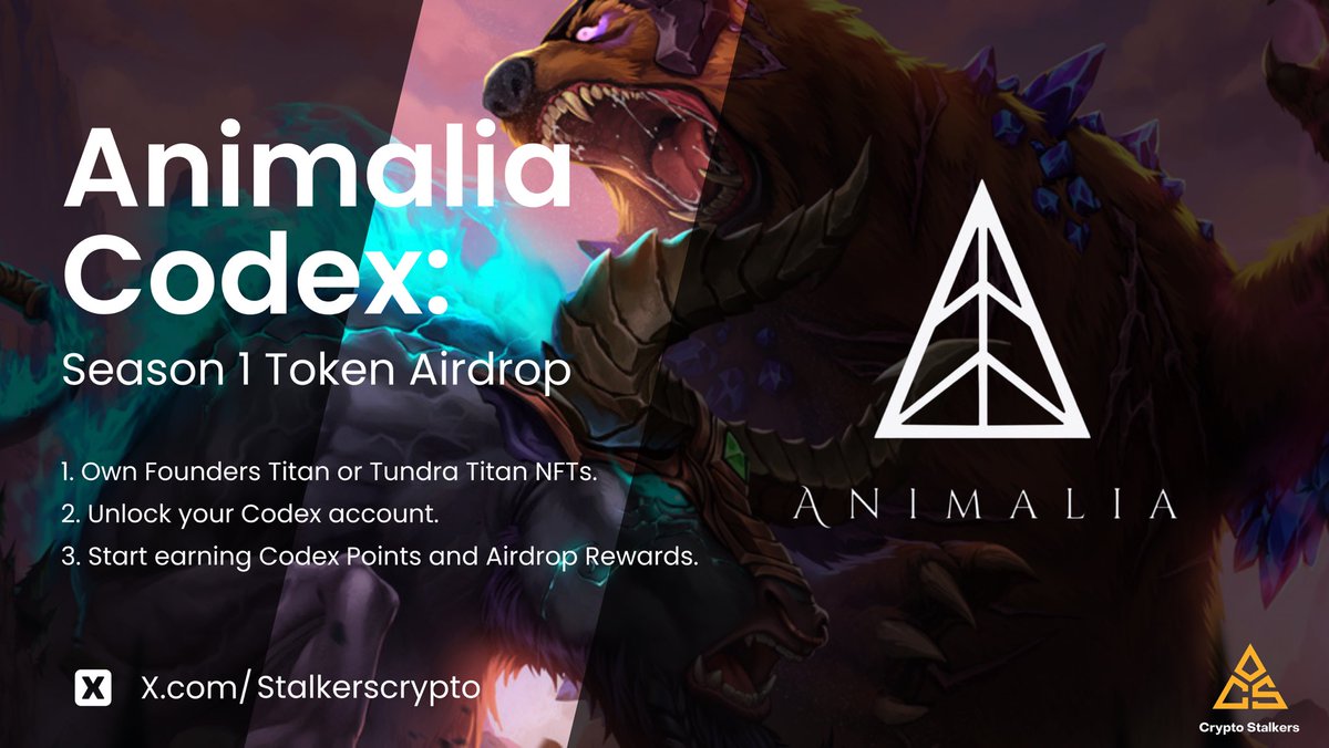 🚀 Exciting News! 🚀 
Animalia Codex: Season 1 Airdrop is on the horizon! 🌟 Unlock your Codex account with Founders Titan or Tundra Titan NFTs and start earning Codex Points for epic rewards! 🎁 Season ends Feb 2024.

📦 Codex Chest Tiers:
- ⬜️ Common: 3,500 CP
- 🟩 Rare: 8,000