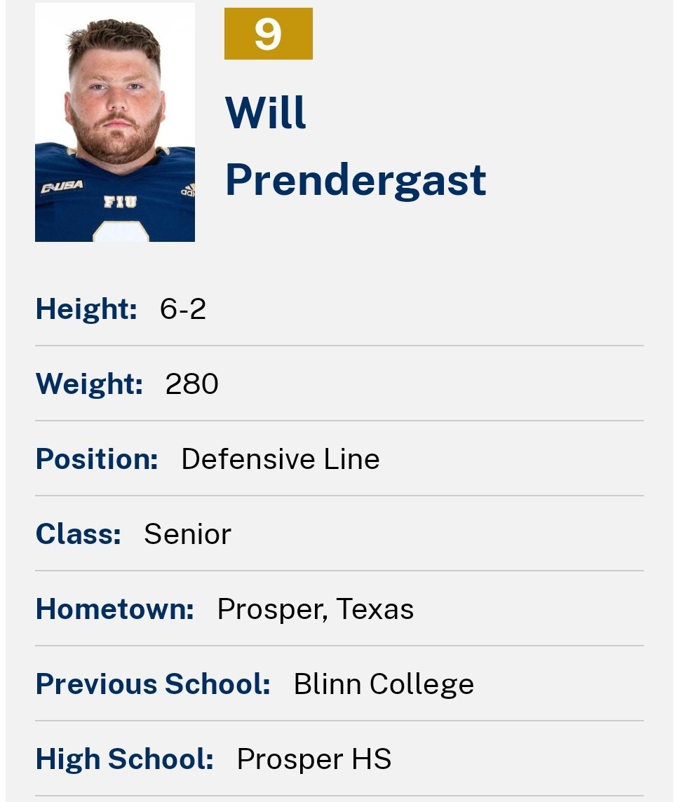 FIU DL Will Prendergast entered the portal as a grad transfer; the JUCO signee played in 21 games during his two seasons with the Golden Panthers <a href="/willprendergast/">Will Prendergast</a>