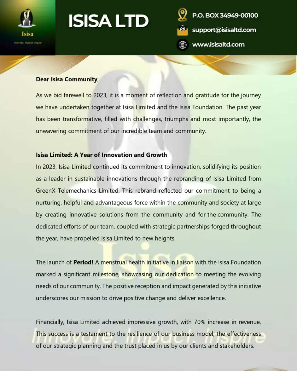 IsisaLtd's tweet photo. Reflecting on an incredible 2023 journey at Isisa Limited and Isisa Foundation. From ground-breaking innovations to impactful community initiatives, thank you to our amazing team and partners!

🚀Here's to a 2024 filled with even more growth, collaborations and positive change.🌏 https://t.co/TT84IAvbBs