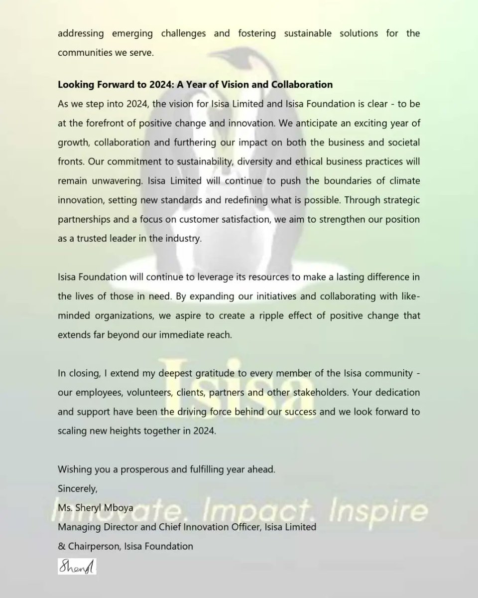 Reflecting on an incredible 2023 journey at Isisa Limited and Isisa Foundation. From ground-breaking innovations to impactful community initiatives, thank you to our amazing team and partners!

🚀Here's to a 2024 filled with even more growth, collaborations and positive change.🌏