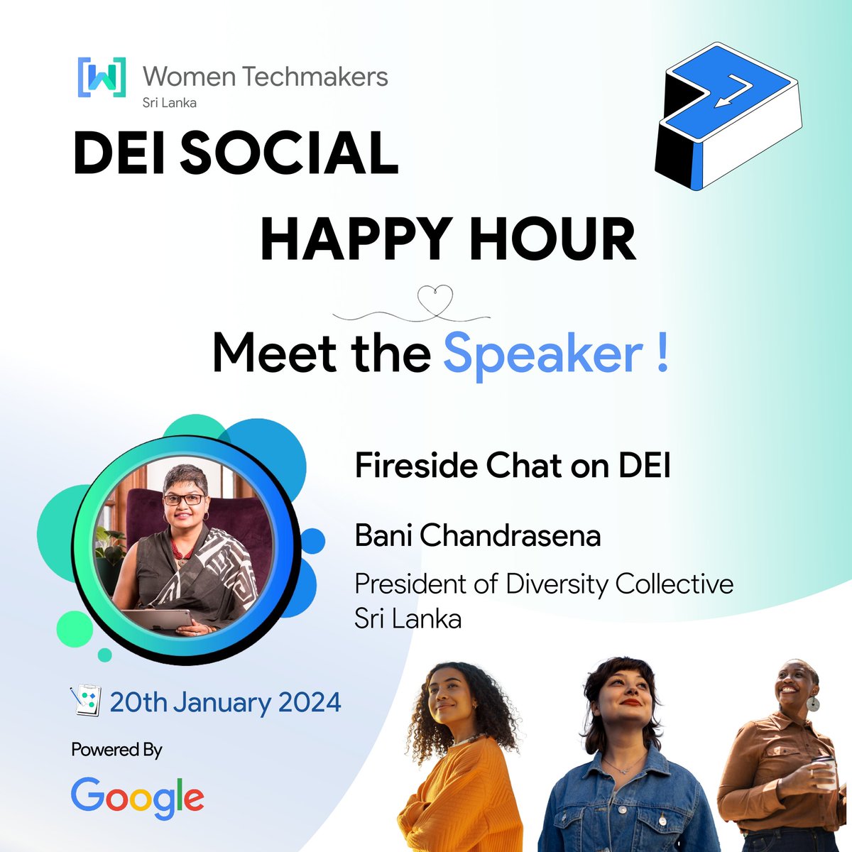 Exciting Speaker Reveal! Join us at the DEI Social Happy Hour by Women Techmakers Sri Lanka for an inspiring Fireside Chat on Diversity, Equity, and Inclusion featuring Bani Chandrasena, the President of Diversity Collective Sri Lanka. #SocialHappyHour #WTM #WTMSL