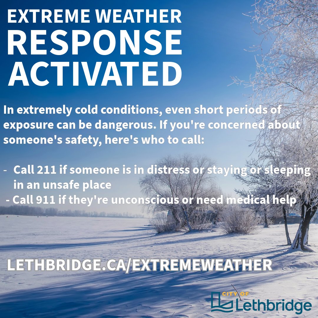 LethbridgeCity's tweet photo. ⚠️Extreme Weather Response Protocols are now active ⚠️

The following facilities are now open as comfort centres to provide shelter from the weather 🧵

📚@lethlib - Main branch
Mon. - Tues. - 10 a.m. – 8 p.m.
Sat. 10 a.m. – 5:30 p.m.
Sun. 1 – 5 p.m.
#yql https://t.co/v5jvxZw7FK