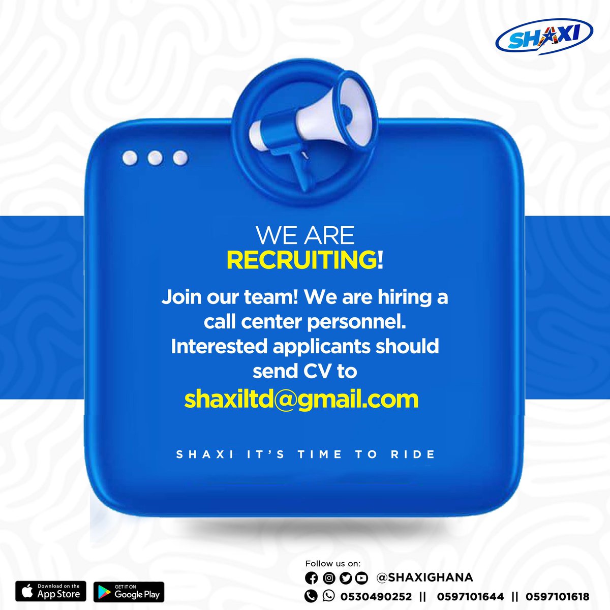We are recruiting 📌 WE ARE RECRUITING! Join our team! We are hiring a call center personnel. Interested applicants should send CV to shaxiltd@gmail.com SHAXI IT’S TIME TO RIDE #shaxi #shaxirecruits