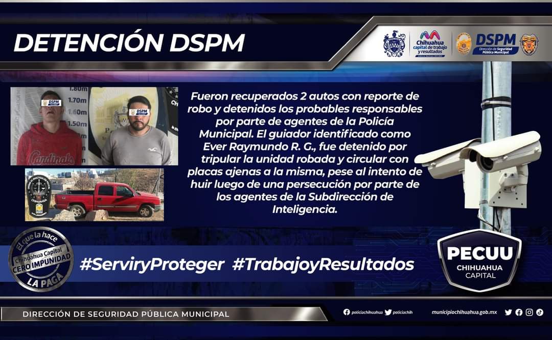 Gracias a la tecnología de vigilancia de las cámaras de PECUU, logramos la captura de dos presuntos “roba autos”, así como la recuperación de los vehículos que tenían el reporte de robo ante la Policía Municipal.👮🚔
#TrabajoyResultados