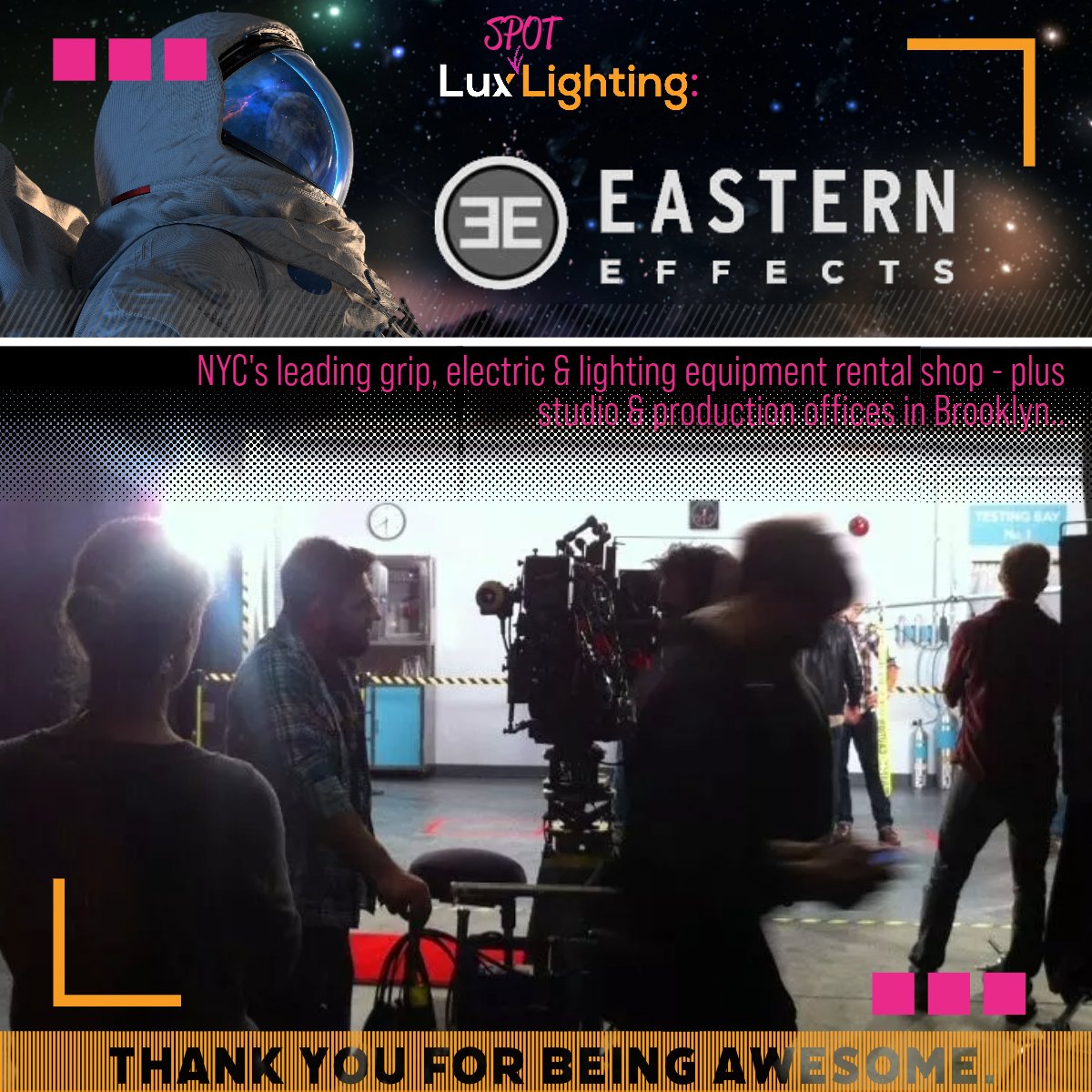 What better day to be thanking people??
Eastern Effects - NYC's leading grip, electric &amp; lighting equipment rental shop - plus studio &amp; production offices in Brooklyn. 
Thank you for being awesome.
