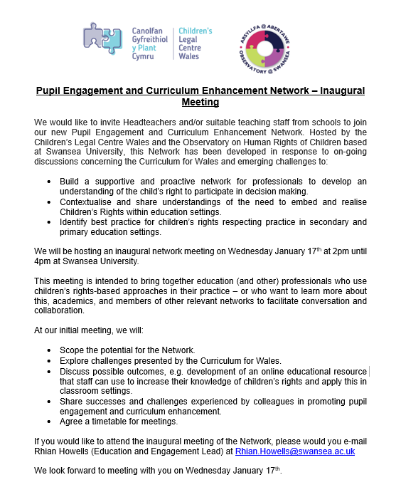 #Pupil Engagement + #Curriculum Enhancement Network - Inaugural Meeting: 2:00pm-4:00pm, Wednesday 17th January* <a href="/SwanseaUni/">Swansea University</a> 

We'd like to invite #headteachers and/or suitable #teaching staff from #schools to join our Network.

Details of how to register are below. ⬇