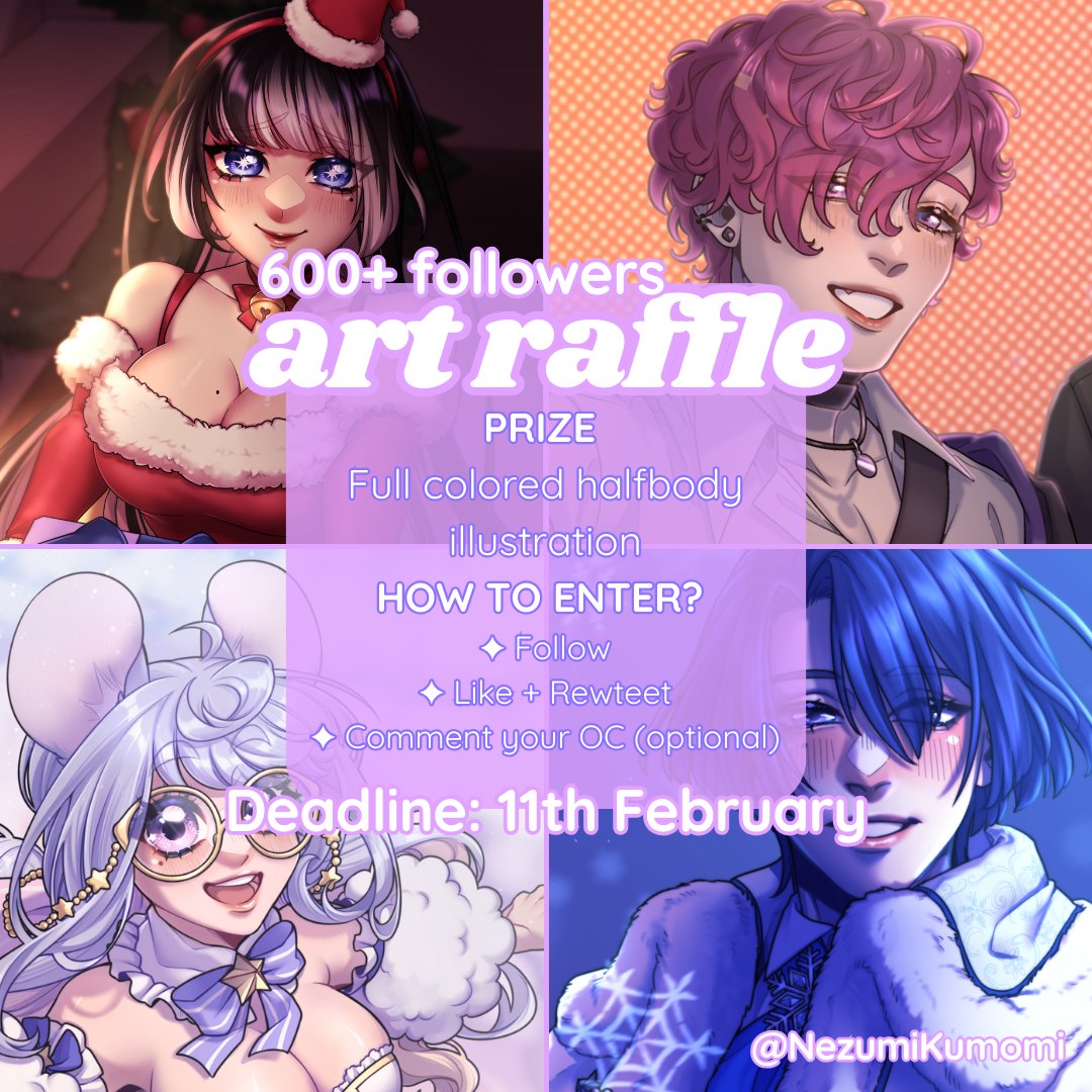 ☁︎‧₊˚600+ FOLLOWERS THANK YOU ART RAFFLE˚₊‧☁︎
⋆ Follow   
⋆ Retweet＋Like  
⋆ Comment your character below! (Optional)

☁︎1 Winner gets Half-body illustration☁︎
Ends on 11th February! 

#artraffle #giveaway