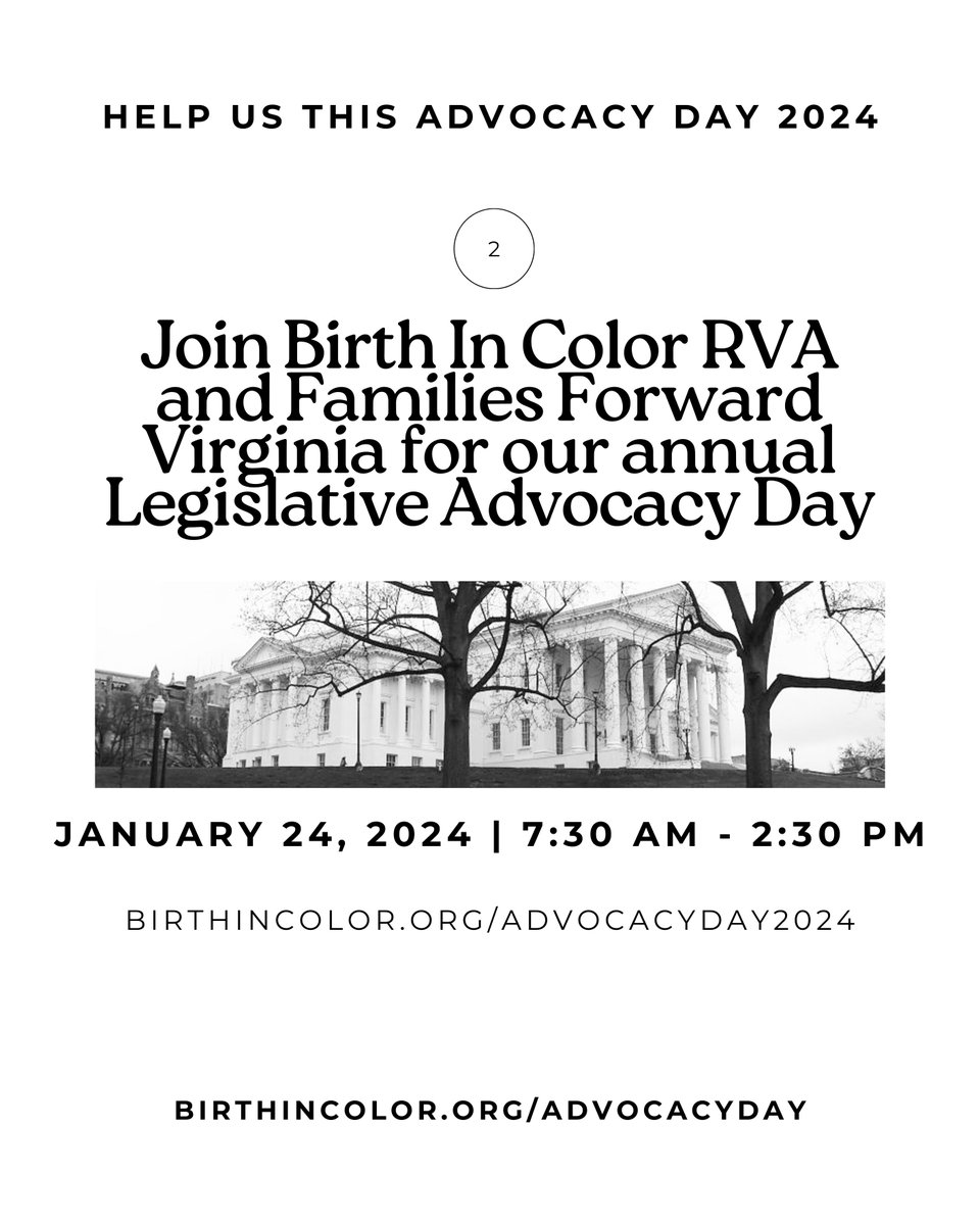 Lynchburg doula training is in full swing! Join us on Jan 24, 2024, for Birth in Color's advocacy day, pushing for accessible doula care and reducing maternal health disparities. 🌈🤰🏿💪🏽 Join us + learn more at BirthinColor.org/advocacyday2024. #RVA #VALegislation #BICAdvocacyDay2024