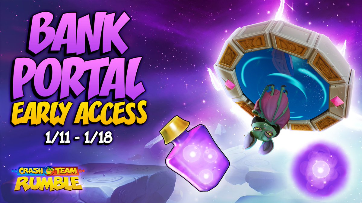 Bank Portal power is here! For a limited time, #CrashTeamRumble players can permanently unlock this practical portal early. Collect Dragon's Essence found in all maps to unlock it permanently. Additional rewards include some positively purr-fect Catbat skins, hats, and more! ✨