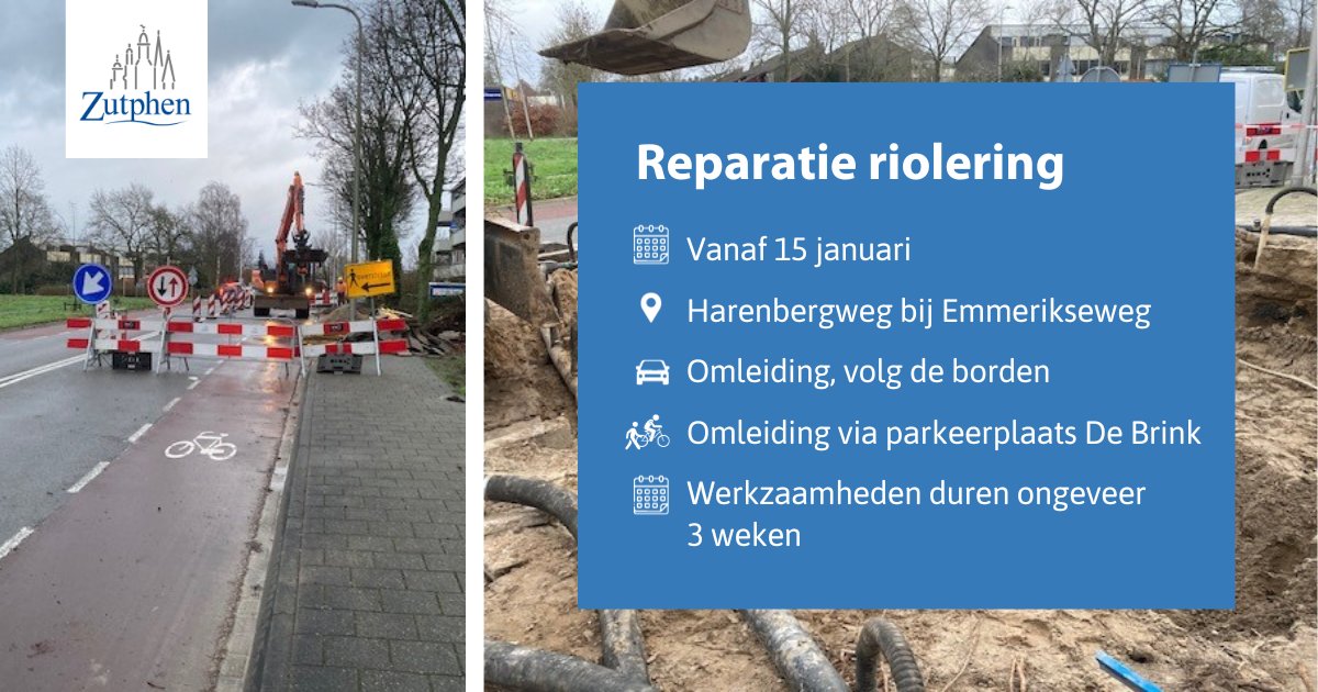 🚧 Maandag 15 januari start rioolreparatie aan de Harenbergweg, ter hoogte van de Emmerikseweg. De rijbaan wordt afgesloten voor doorgaand verkeer. Volg de borden! De werkzaamheden duren ongeveer 3 weken.