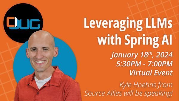 cijug's tweet photo. Join us online next Thursday, January 18th from 5:30 - 7:00pm to learn about "Leveraging LLMs with Spring AI" with @kylehoehns from @SourceAllies. https://t.co/1JpxruczjK #DSMTech #JUG #SpringAI #AI #LLM https://t.co/S8WPyDAsTt