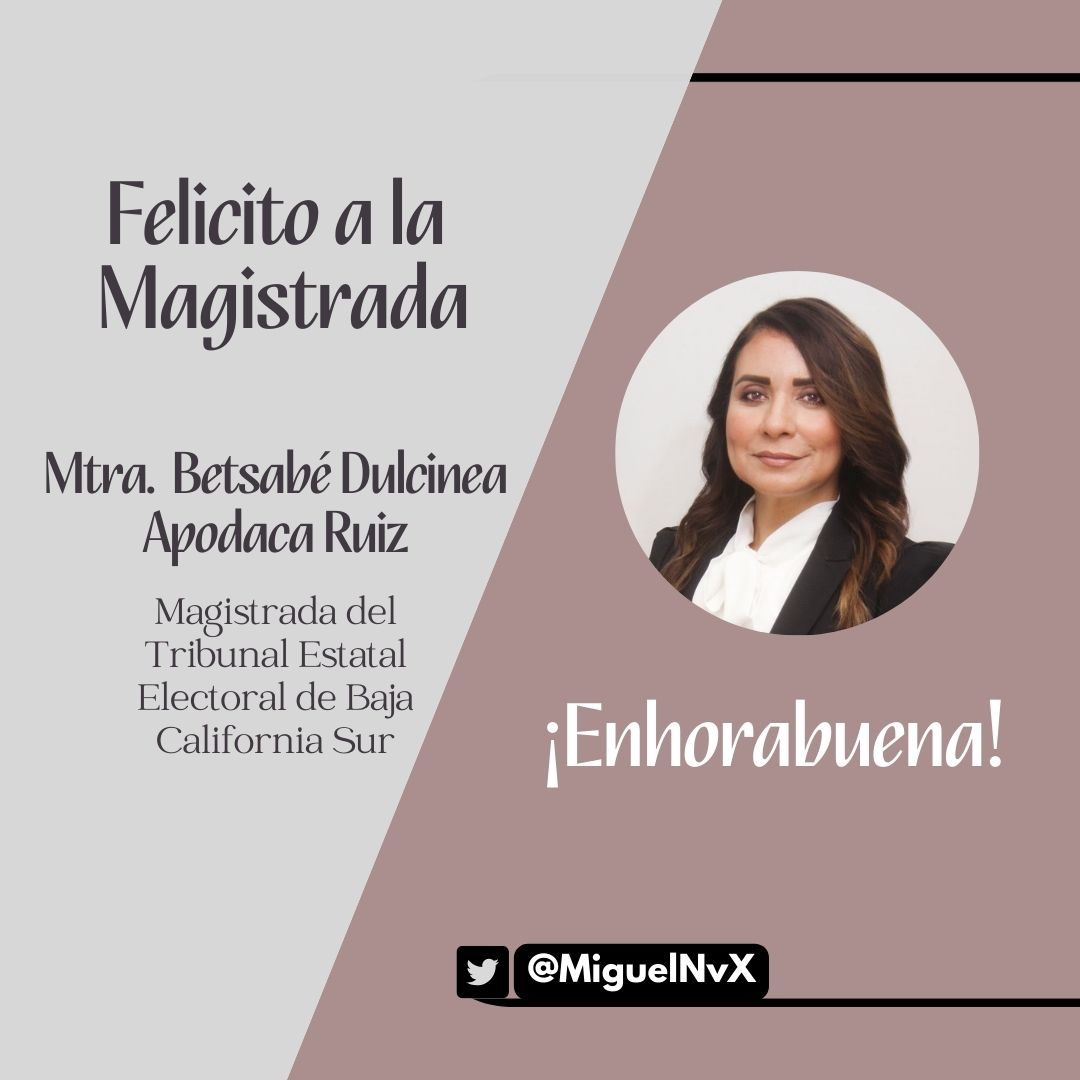 Con motivo de su cumpleaños, felicito a la Mtra. Betsabé Dulcinea Apodaca Ruiz <a href="/ApodacaDulcinea/">Betsabé Dulcinea Apodaca Ruiz</a>
Magistrada del Tribunal Estatal Electoral de Baja California Sur.
¡Mis mejores deseos en este gran día! ✨