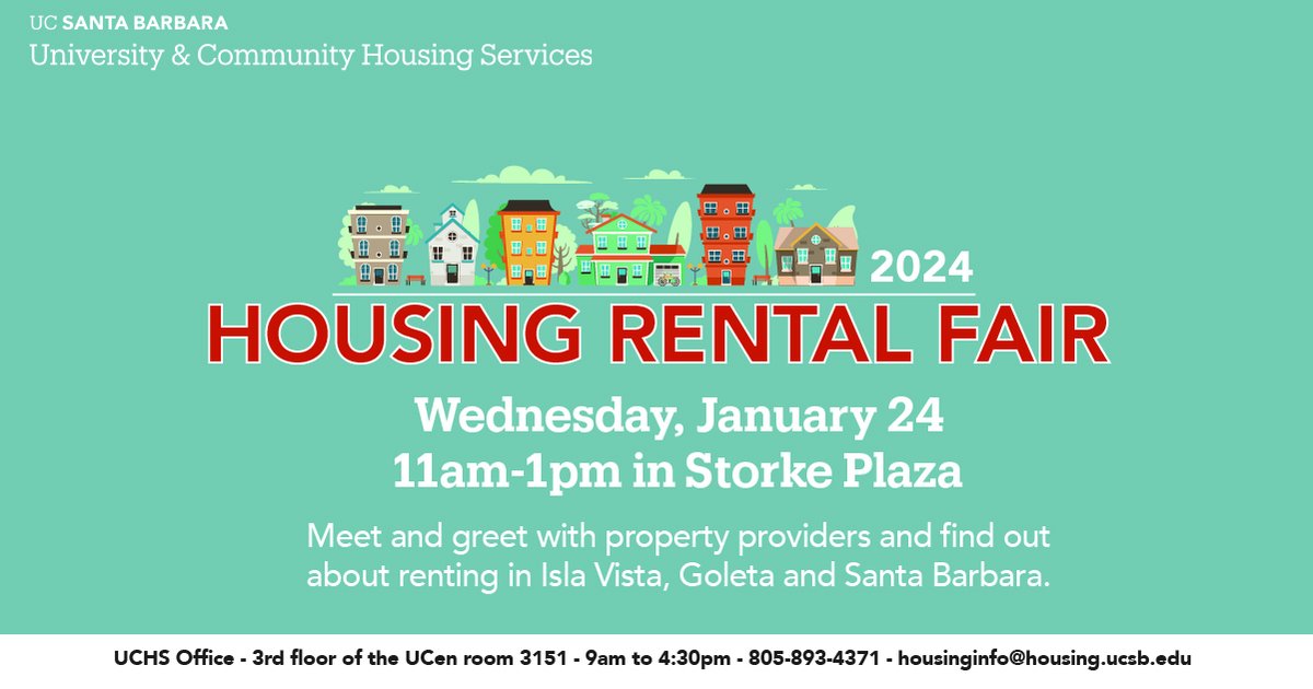 Join the University &amp; Community Housing Services team at the Housing Rental Fair in Storke Plaza on Wednesday, January 24 from 11:00am to 1:00pm.

🤝Meet and greet with local property providers and learn more about renting in Isla Vista, Goleta and Santa Barbara.

#ucsantabarbara
