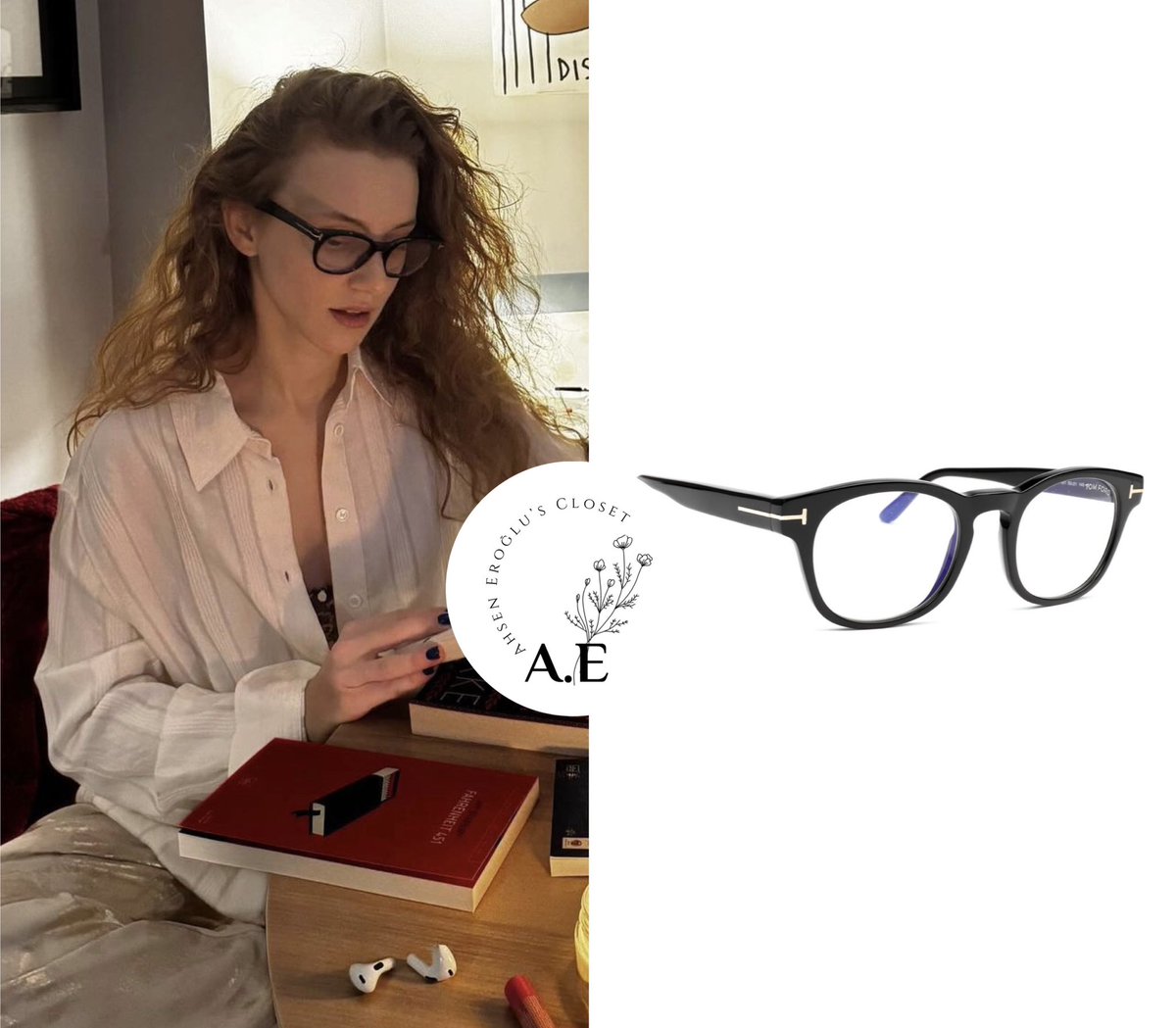 AhsenCloset's tweet photo. She also had on her Tom Ford Black Thick Round Frame Glasses ($428 via farfetch). Her 3rd generation AirPods can also be seen on the table ($179). https://t.co/t9NxXVINMv