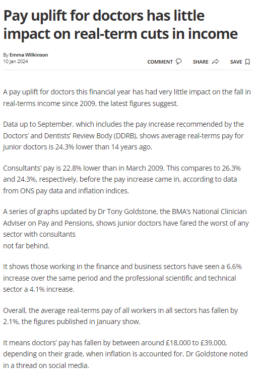 1/3 Excellent article <a href="/Emmajourno/">Emmajourno</a> on lack of progress in pay erosion despite DDRB 23/24 👇 

"A series of graphs updated by <a href="/goldstone_tony/">Dr Tony Goldstone</a> shows @BMA_JuniorDocs have fared the worst of any sector with <a href="/BMA_Consultants/">BMA Consultants</a>  not far behind.

Pls share/RT

thelimbic.com/uk/pay-uplift-…