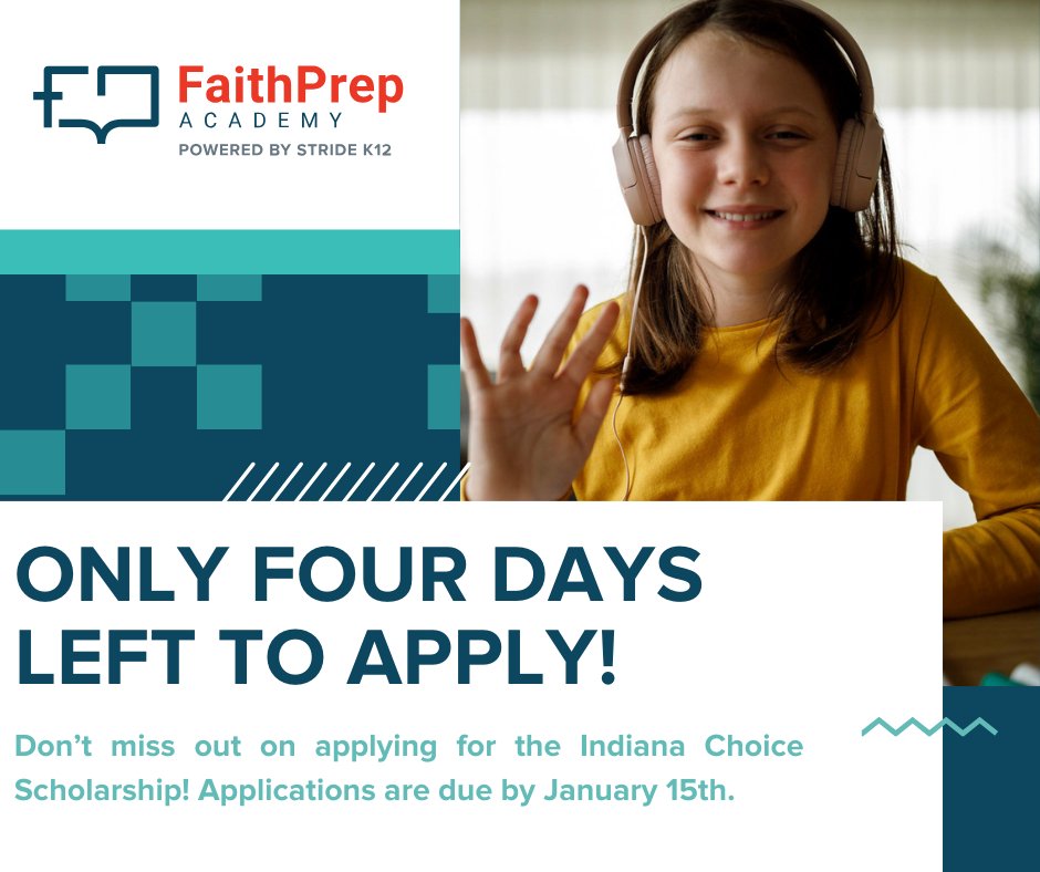 faithpreponline's tweet photo. 🚨 LAST CALL FOR SCHOLARSHIP APPLICATIONS 🚨 The deadline for the Indiana Choice Scholarship is just FOUR days away – January 15th! 🗓️

Check out our on-demand webinar if you have any questions about the application process: https://t.co/1Q3fT2qq1O

#ScholarshipDeadline #ApplyNow https://t.co/AGYHTmgIgH