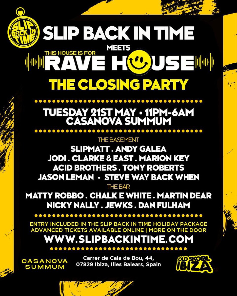 Here we go Slip Back In Time 2024. One of if not my favourite weeks of the year! Really looking forward to being back on the isle playing at Summum and Es Paradis with these legends. Various packages available, head over to slipbackintime.com to secure your place!